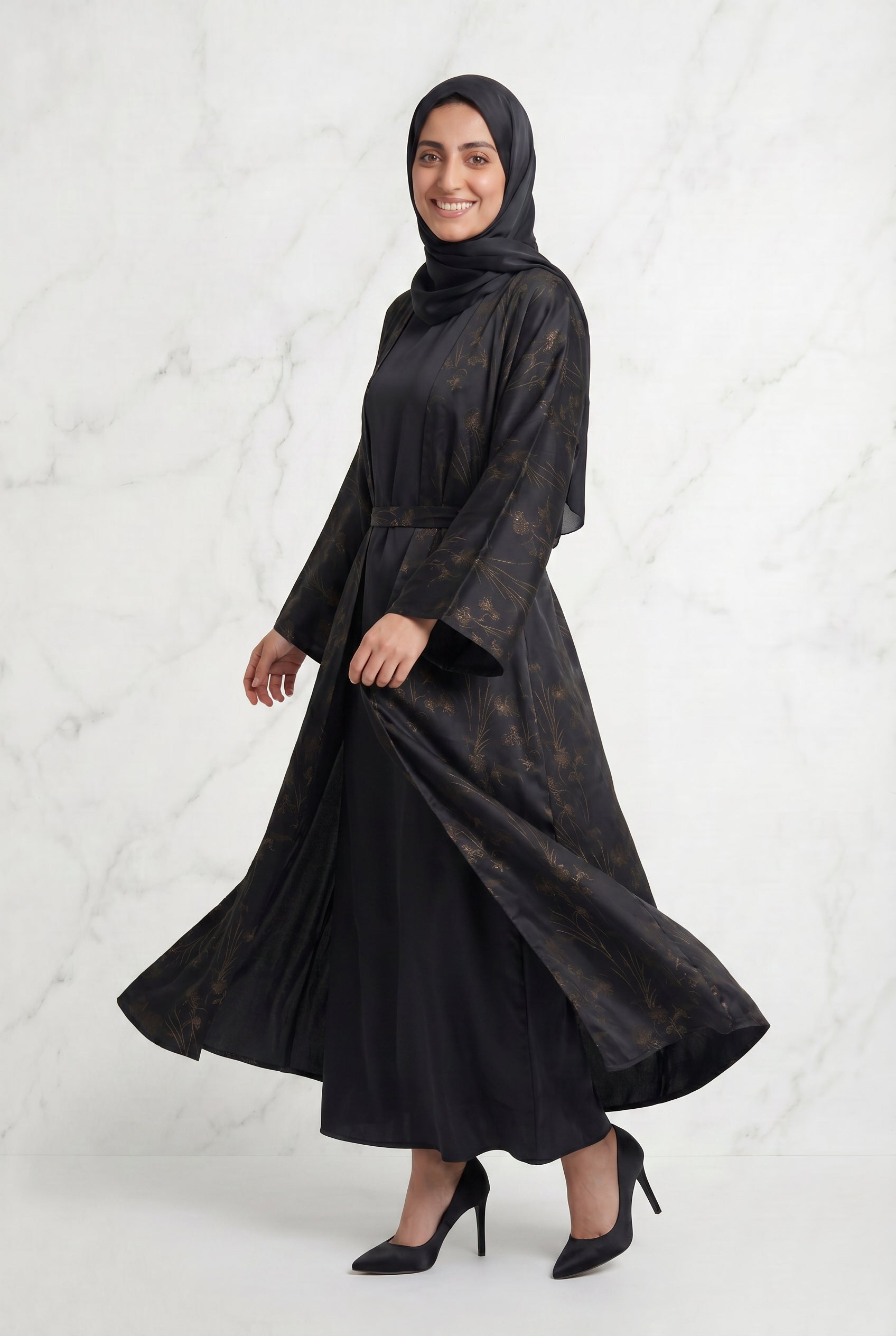 Samira Satin Abaya 655 Col 5 Black w/ Gold