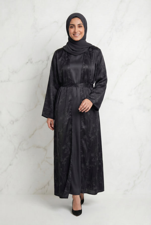 Samira Satin Abaya 655 Col 4 Black w/ Silver