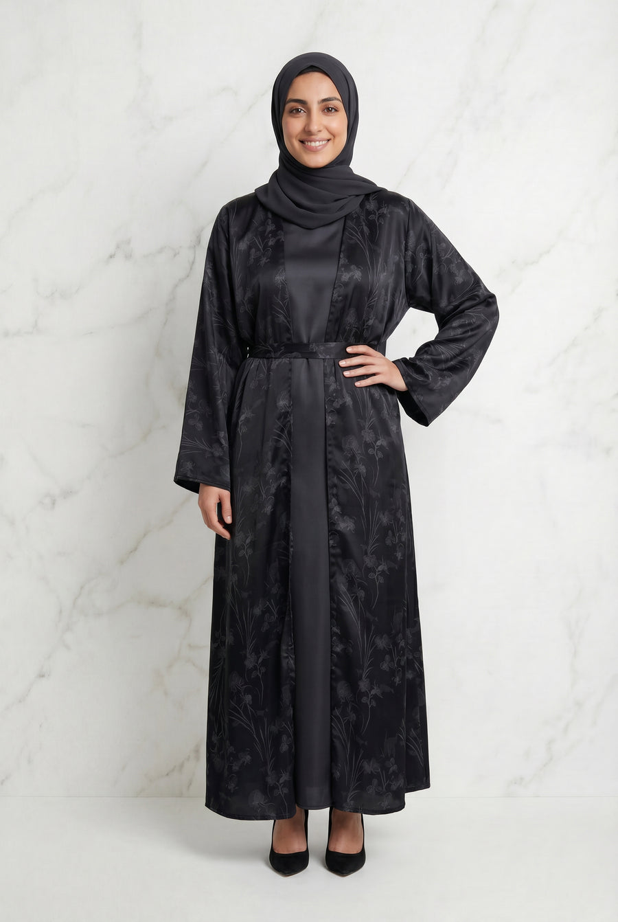 Samira Satin Abaya 655 Col 4 Black w/ Silver