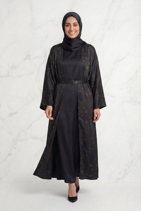 Samira Satin Abaya 655 Col 5 Black w/ Gold