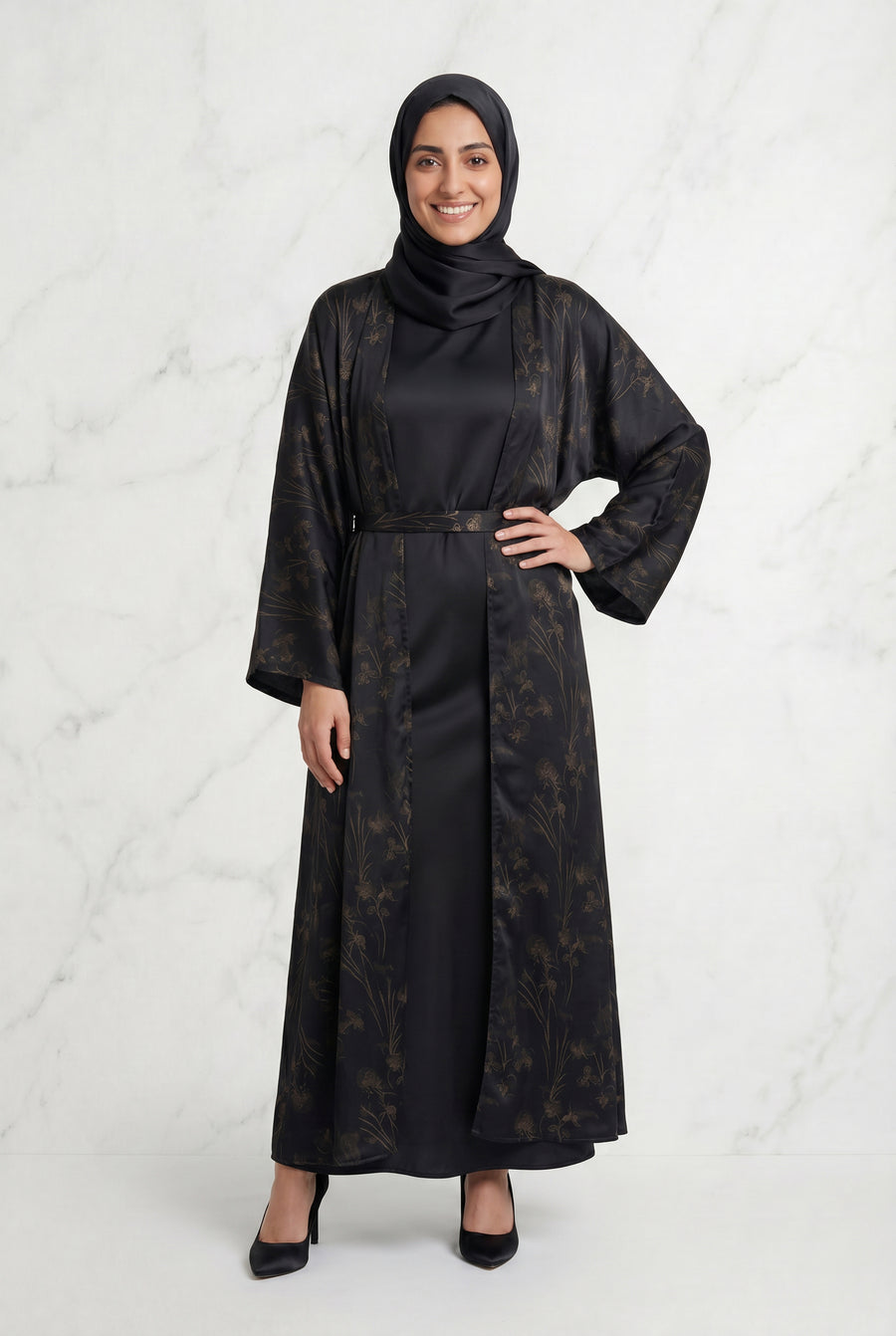 Samira Satin Abaya 655 Col 5 Black w/ Gold