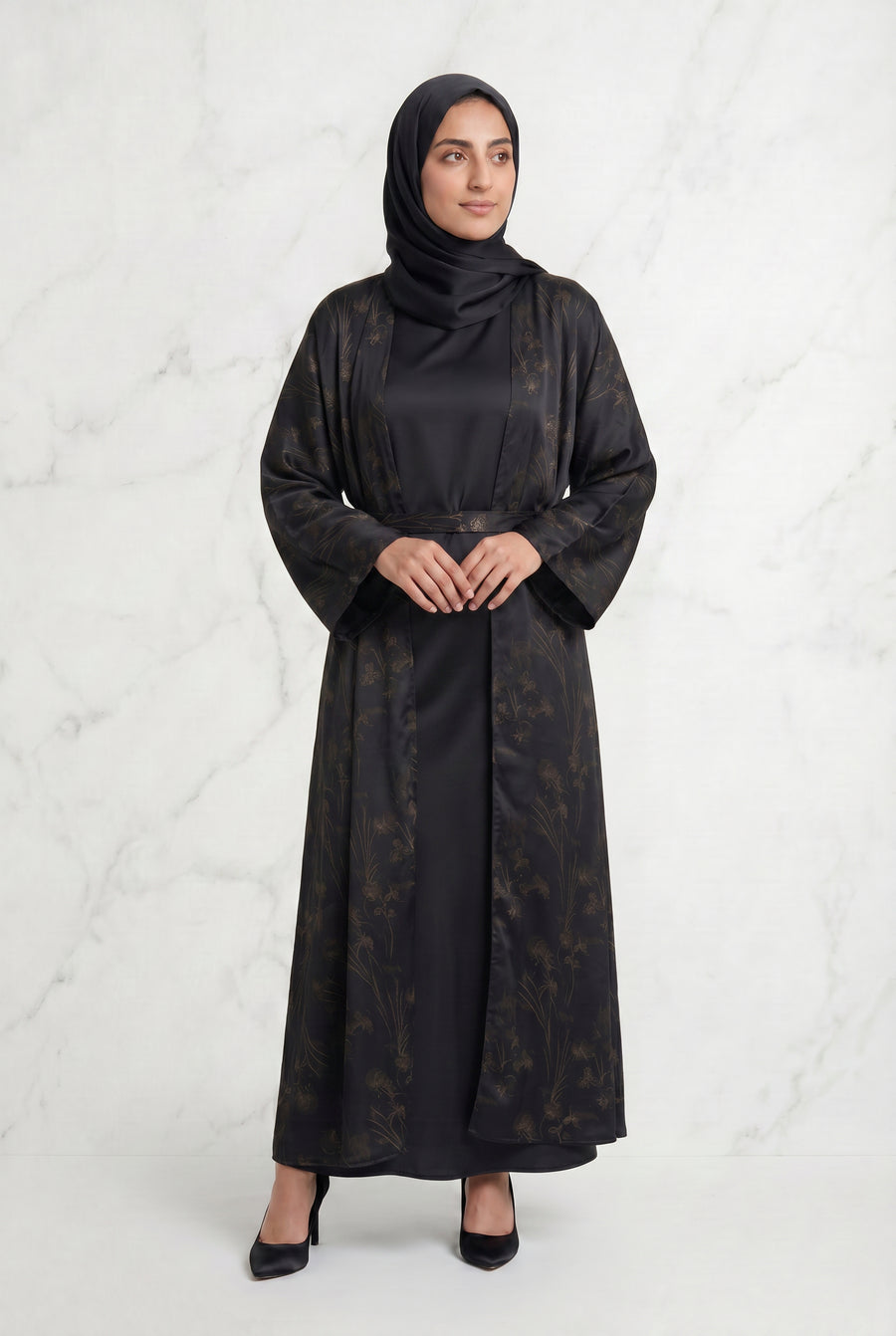 Samira Satin Abaya 655 Col 5 Black w/ Gold