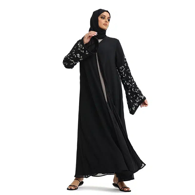 Hina Pearl Chiffon Black & Silver Beaded Kimono