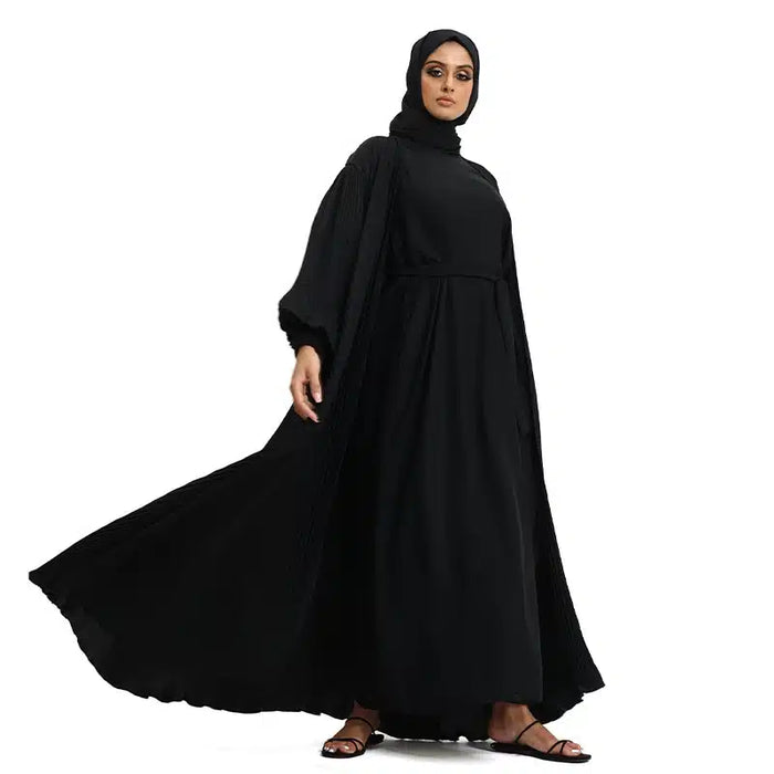 Pleated 2 Piece Black Chiffon Kimono Set