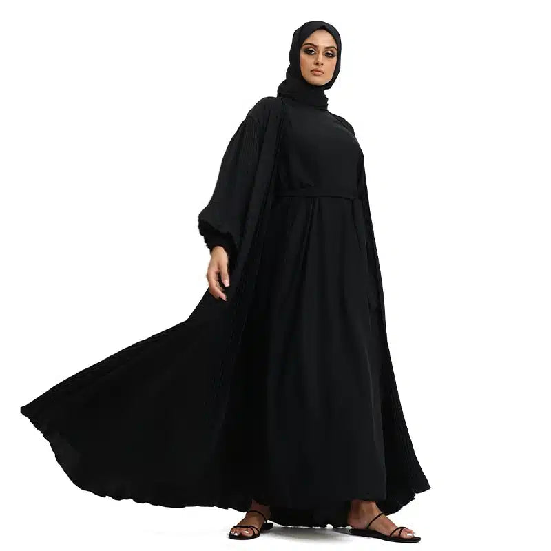 Pleated 2 Piece Black Chiffon Kimono Set