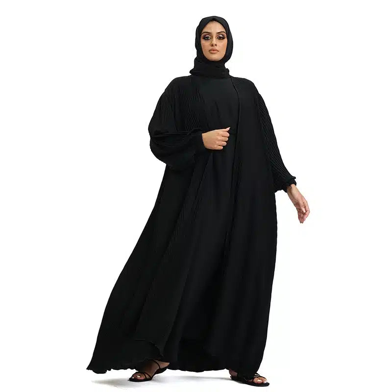 Pleated 2 Piece Black Chiffon Kimono Set