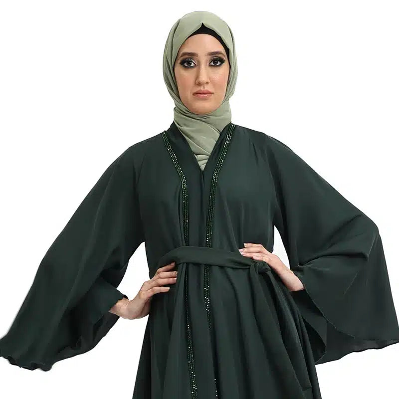Amira Beaded Belted Bottle Green Abaya