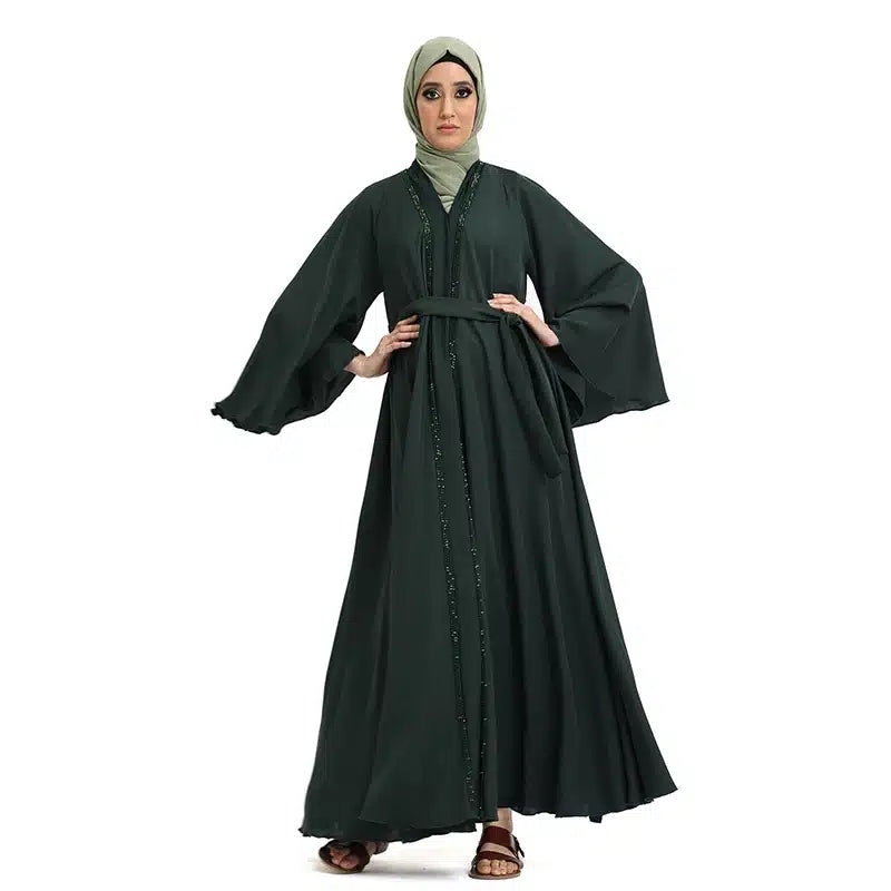 Amira Beaded Belted Bottle Green Abaya