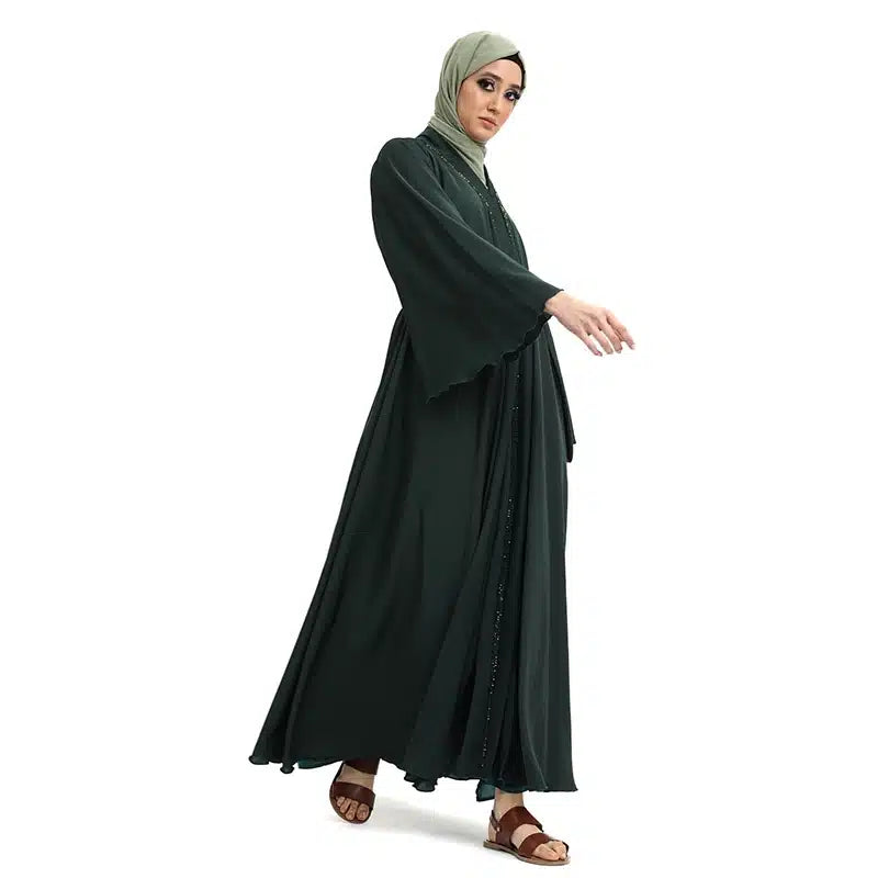 Amira Beaded Belted Bottle Green Abaya