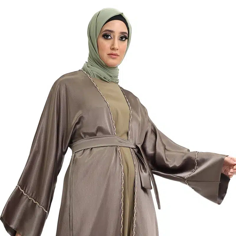 Detailed 2 Piece Coffee Kimono Set