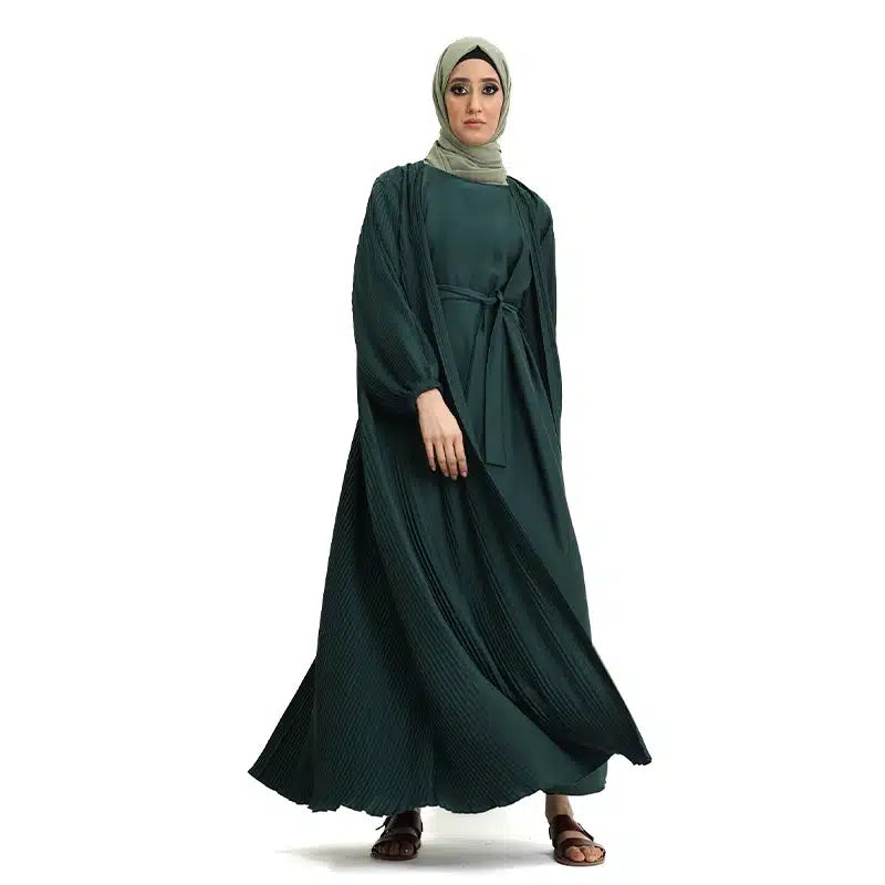 Pleated 2 Piece Emerald Chiffon Kimono Set