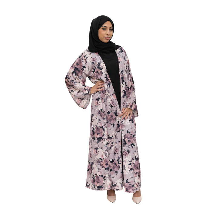 Satin Floral Kimono Abaya Pastel Pink ASL-645