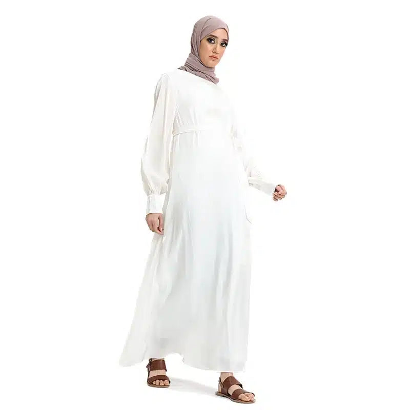 Moonlight Belted Pearl White Abaya Dress