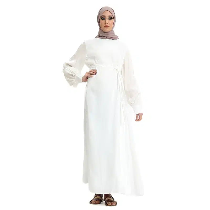 Moonlight Belted Pearl White Abaya Dress