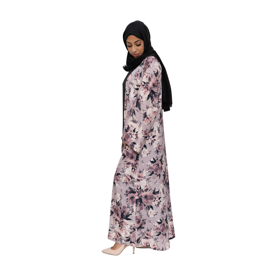 Satin Floral Kimono Abaya Pastel Pink ASL-645