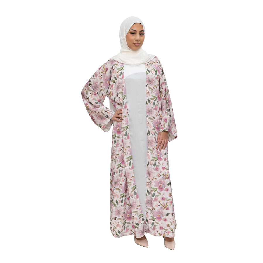 Satin Floral Kimono Abaya White Pink ASL-644