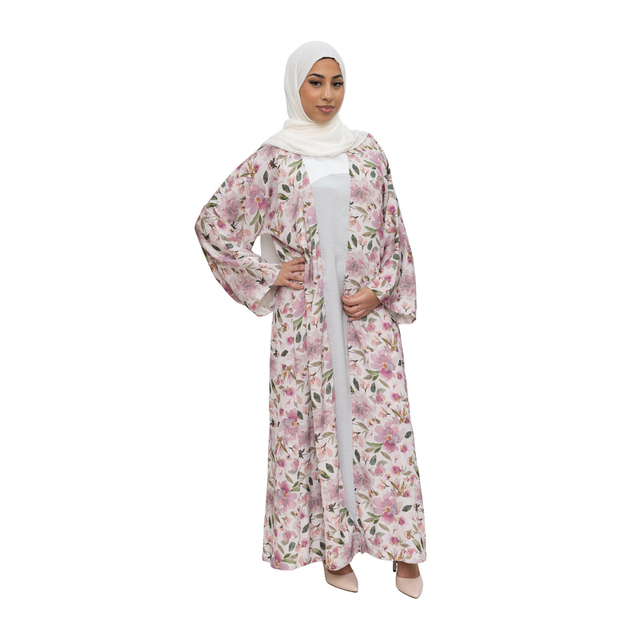 Satin Floral Kimono Abaya White Pink ASL-644