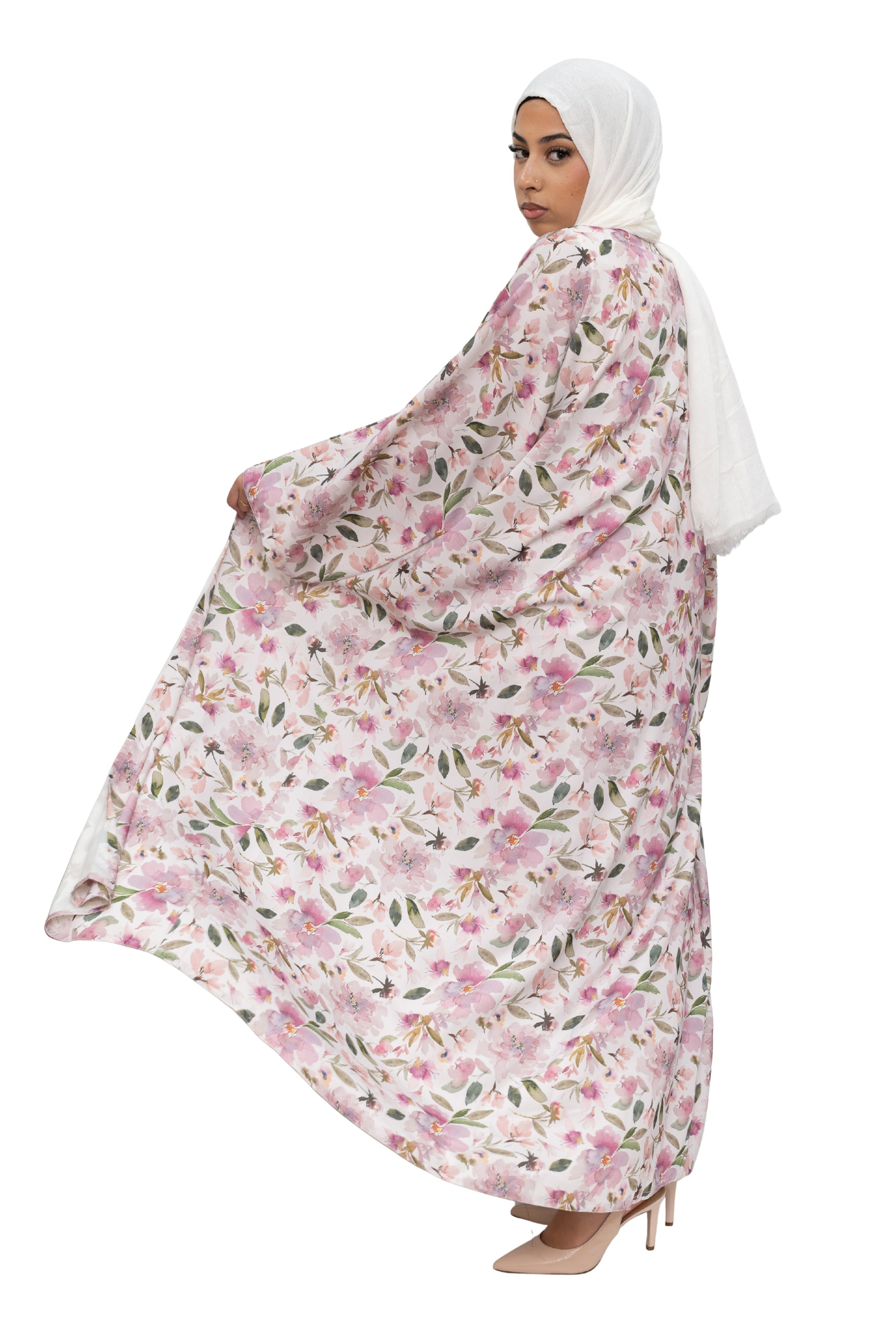 Satin Floral Kimono Abaya White Pink ASL-644