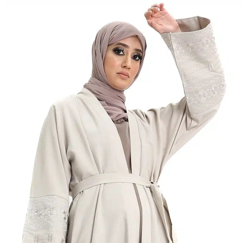Women's Linen Beige Open Abaya Design 1