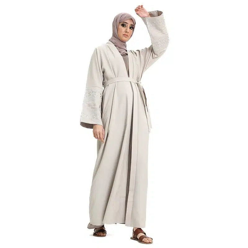 Women's Linen Beige Open Abaya Design 1