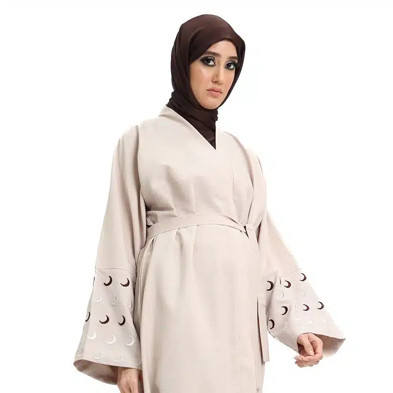 Linen Moon Embroidered Buttoned Petal Peach Abaya