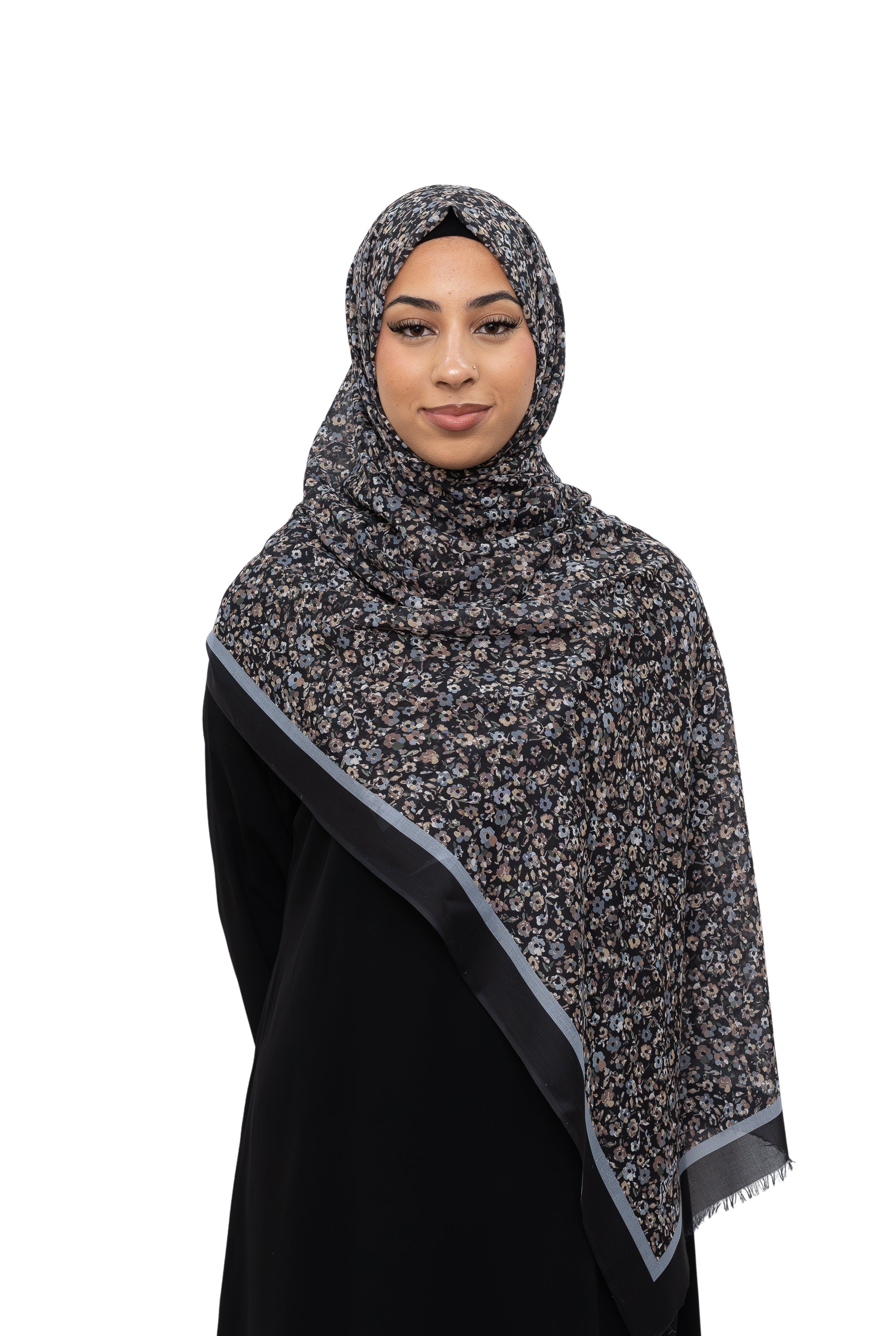 Exclusive Cotton Print Hijab Floral Black Grey Col 5