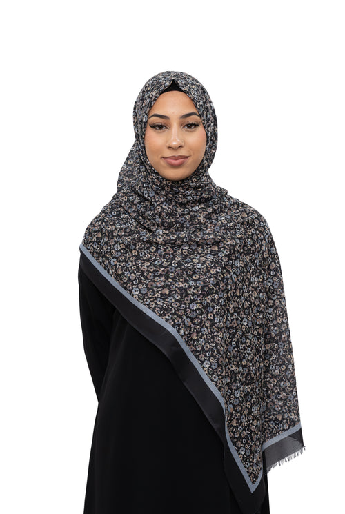 Exclusive Cotton Print Hijab Floral Black Grey Col 5
