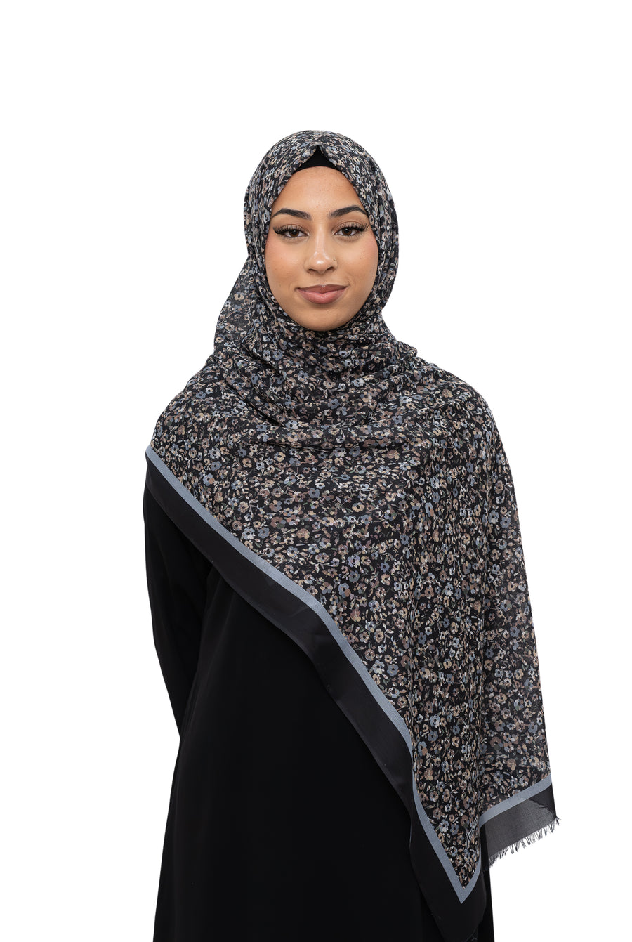Exclusive Cotton Print Hijab Floral Black Grey Col 5
