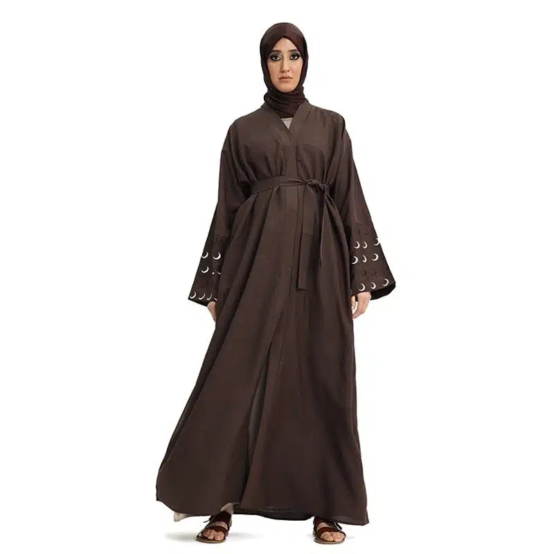 Linen Moon Embroidered Buttoned Brown Abaya