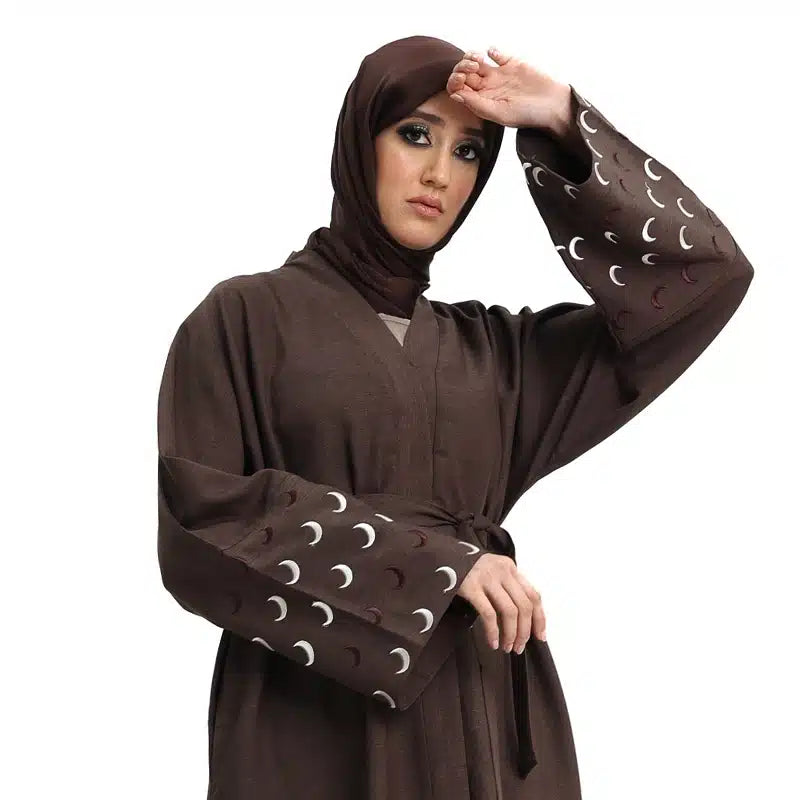 Linen Moon Embroidered Buttoned Brown Abaya