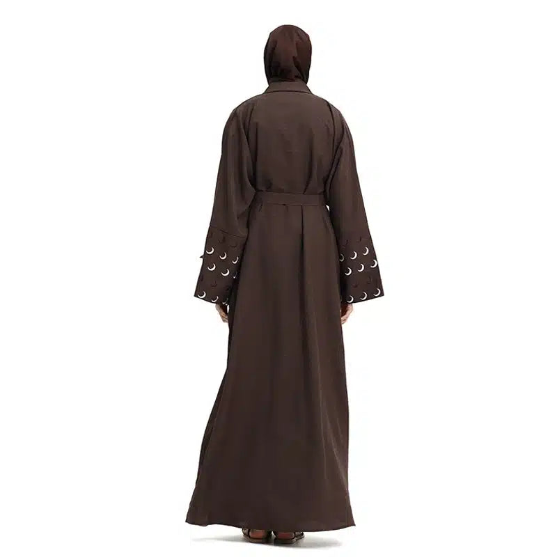 Linen Moon Embroidered Buttoned Brown Abaya