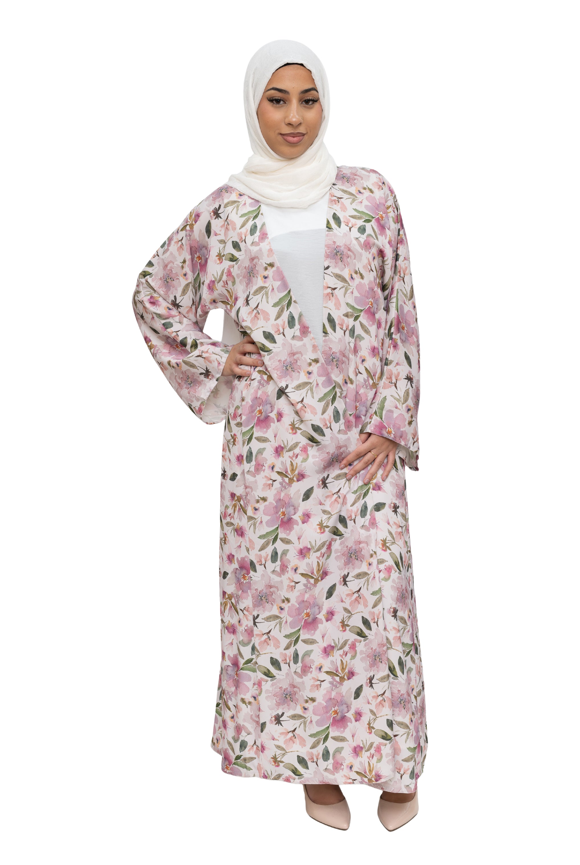 Satin Floral Kimono Abaya White Pink ASL-644