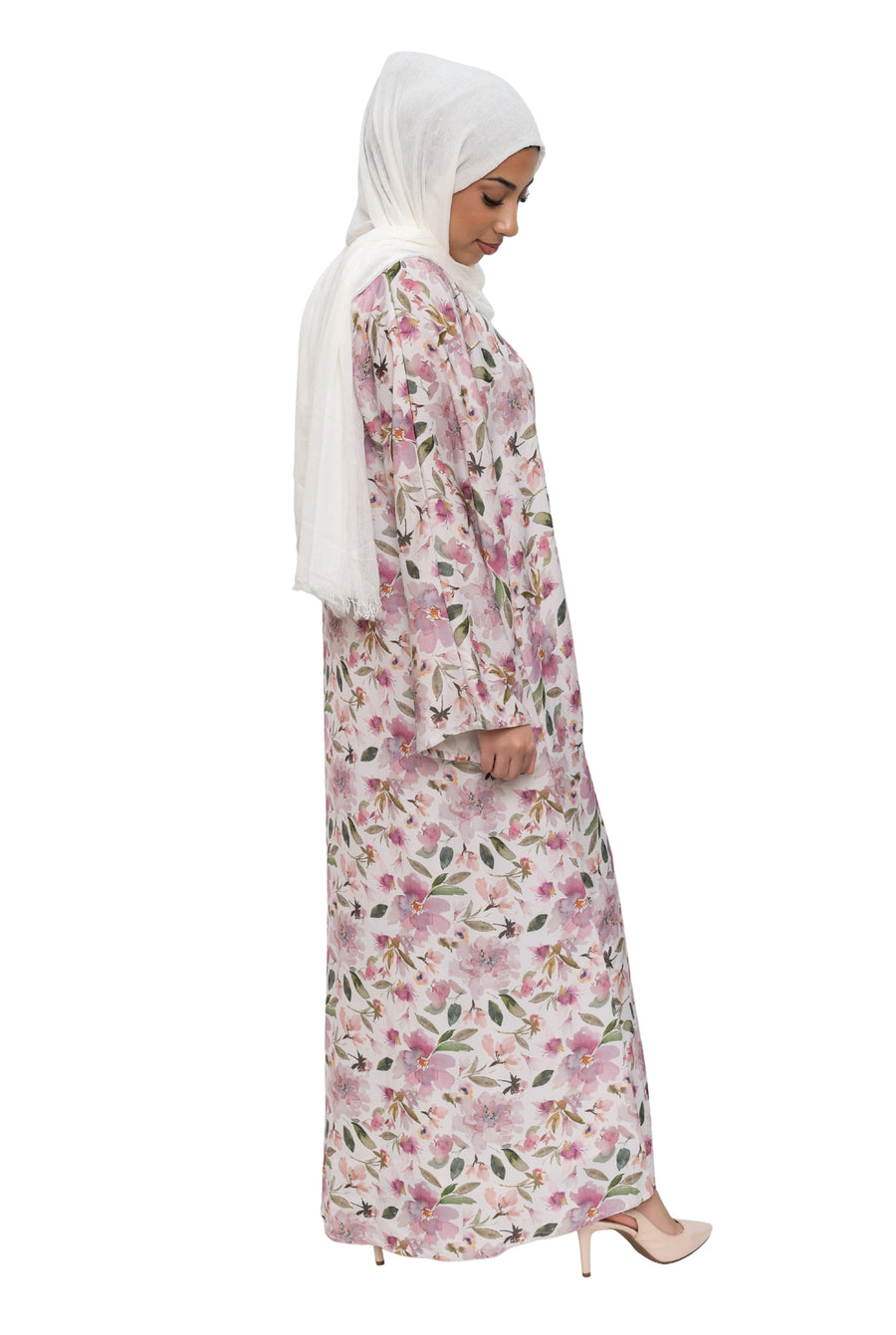 Satin Floral Kimono Abaya White Pink ASL-644
