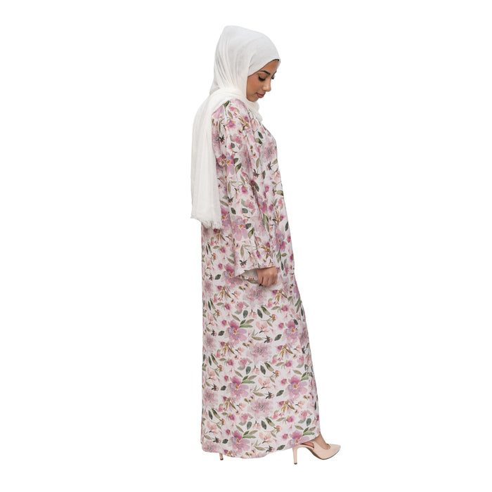 Satin Floral Kimono Abaya White Pink ASL-644
