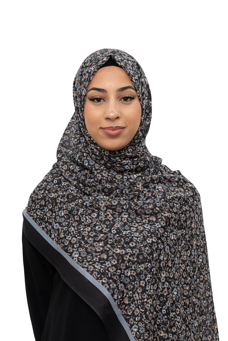 Exclusive Cotton Print Hijab Floral Black Grey Col 5