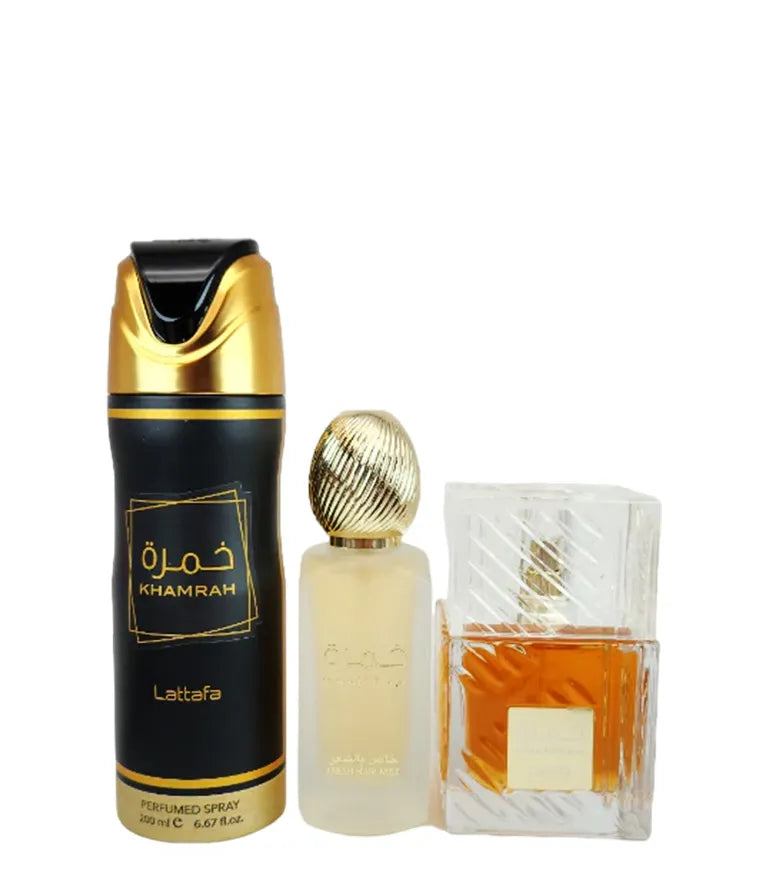 Khamrah By Lattafa Unisex 3 Pcs Gift Set 100ml EDP + 200ml Deo + 50ml Hair Mist