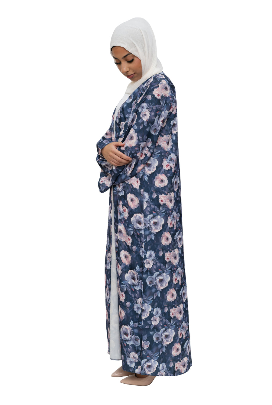 Satin Floral Kimono Abaya Blue ASL-647