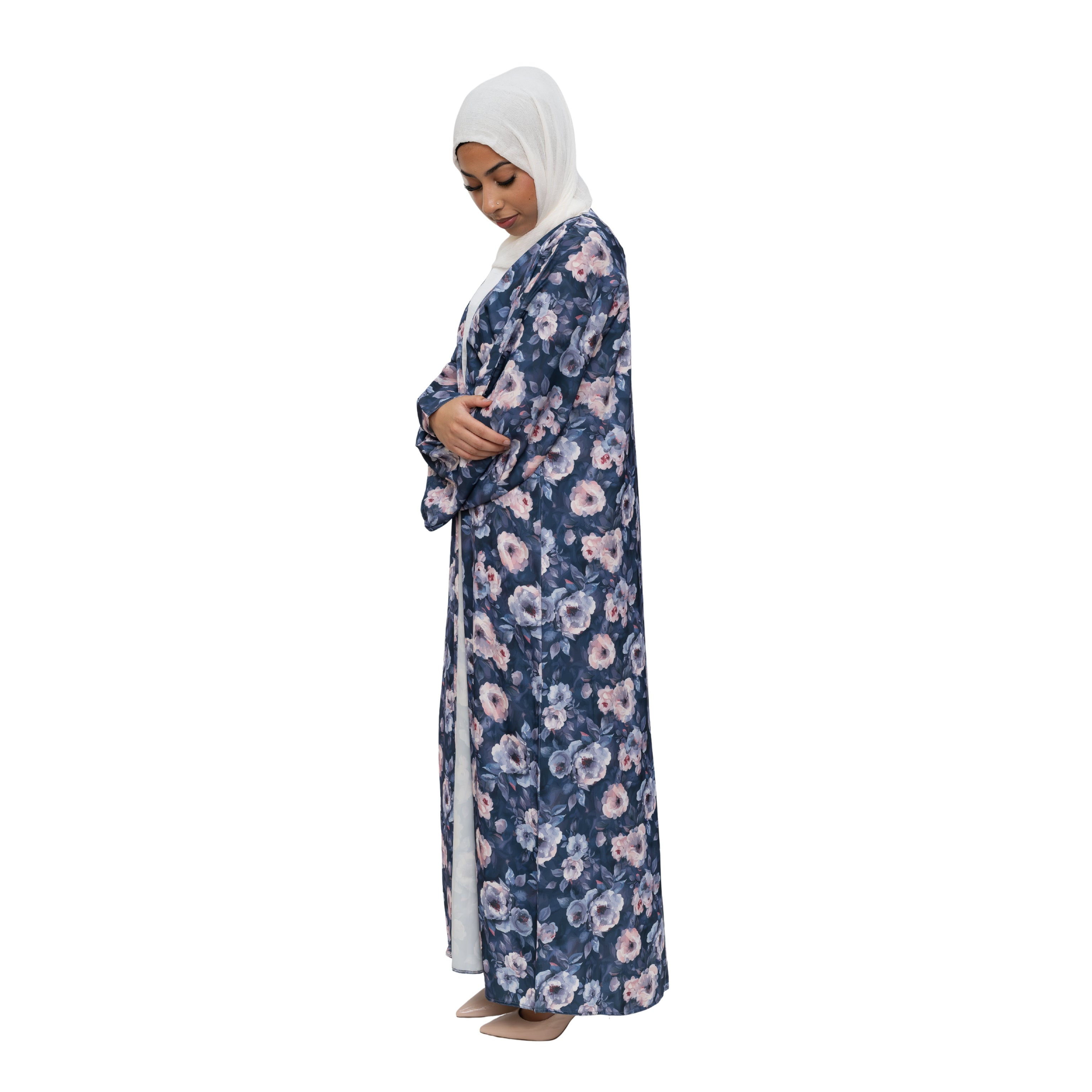 Satin Floral Kimono Abaya White Pink ASL-647