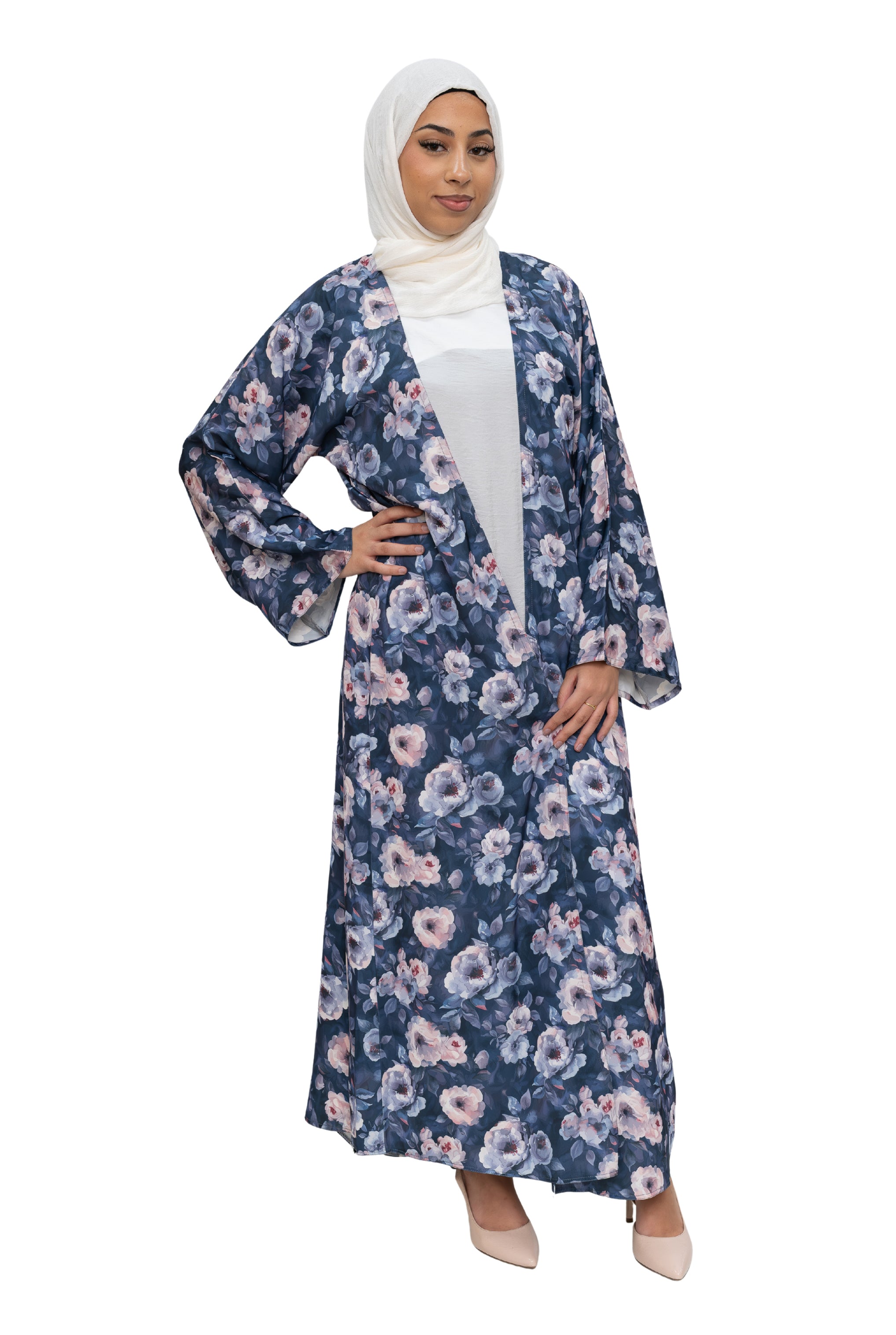 Satin Floral Kimono Abaya Blue ASL-647