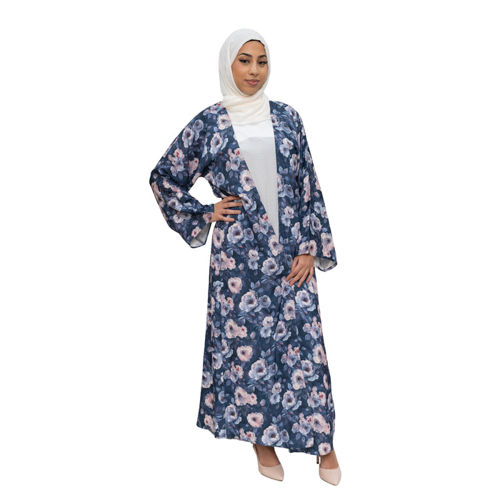 Satin Floral Kimono Abaya White Pink ASL-647