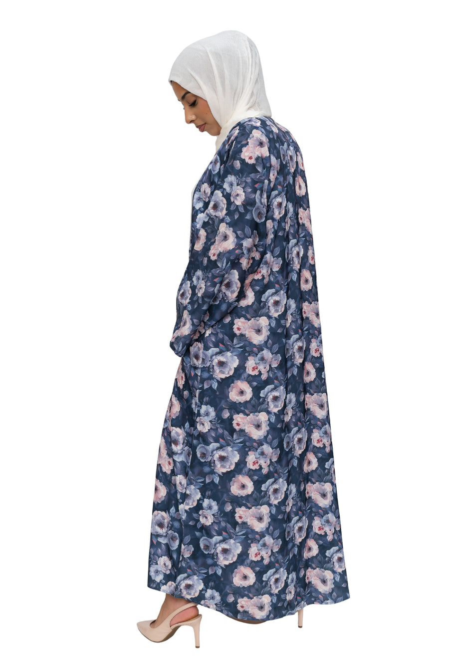 Satin Floral Kimono Abaya Blue ASL-647
