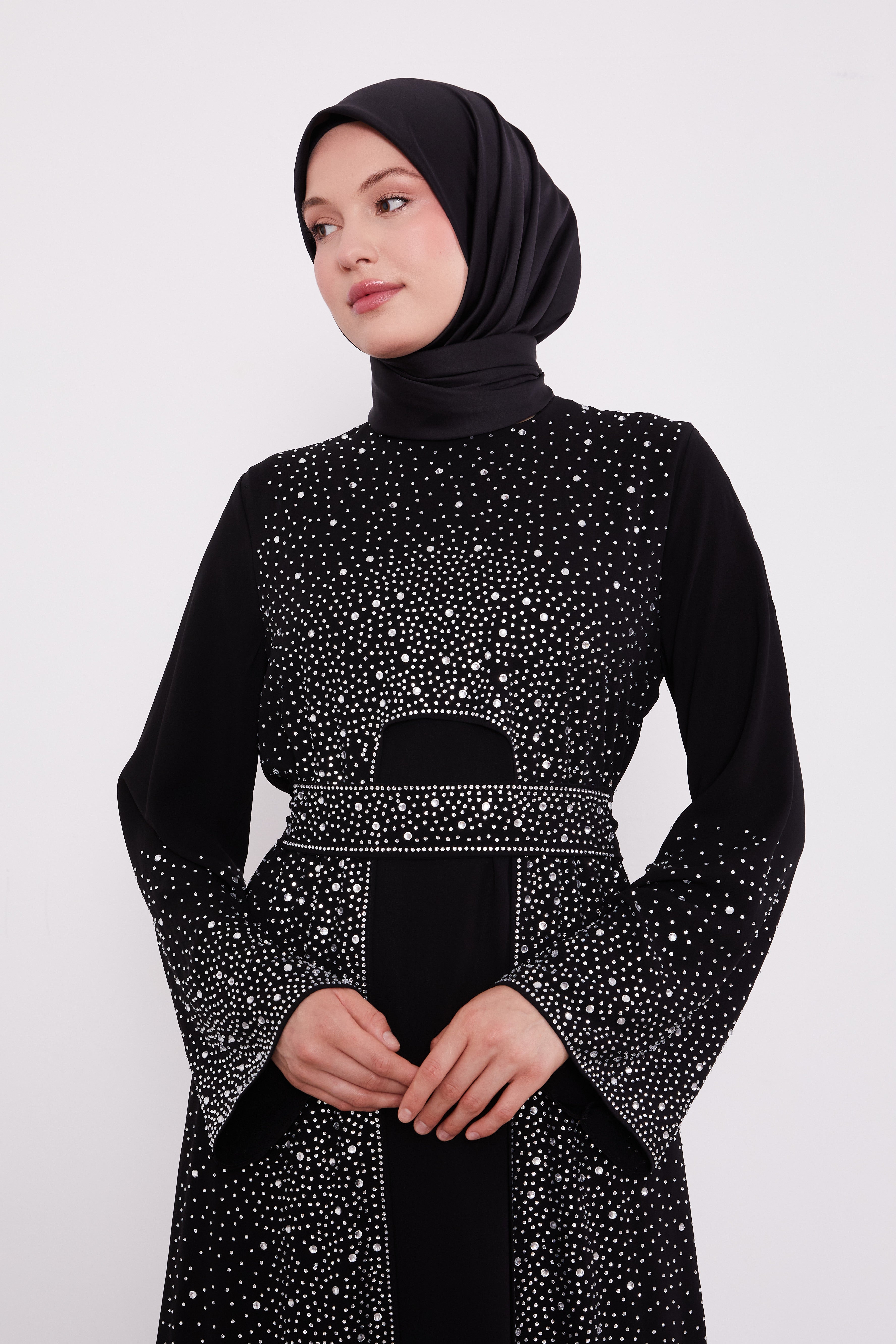 Diamond Beaded 2 Piece Party Abaya Black
