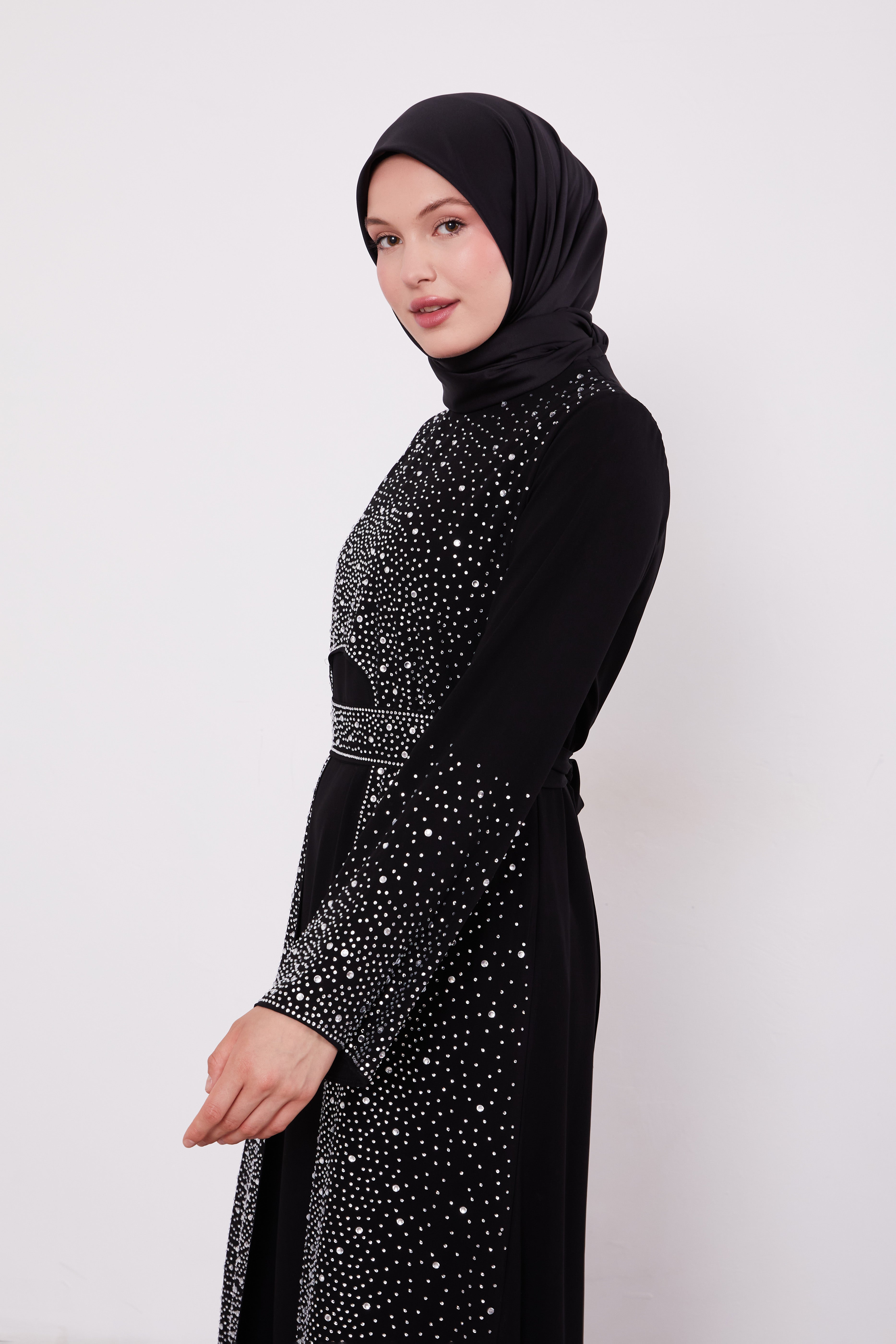 Diamond Beaded 2 Piece Party Abaya Black
