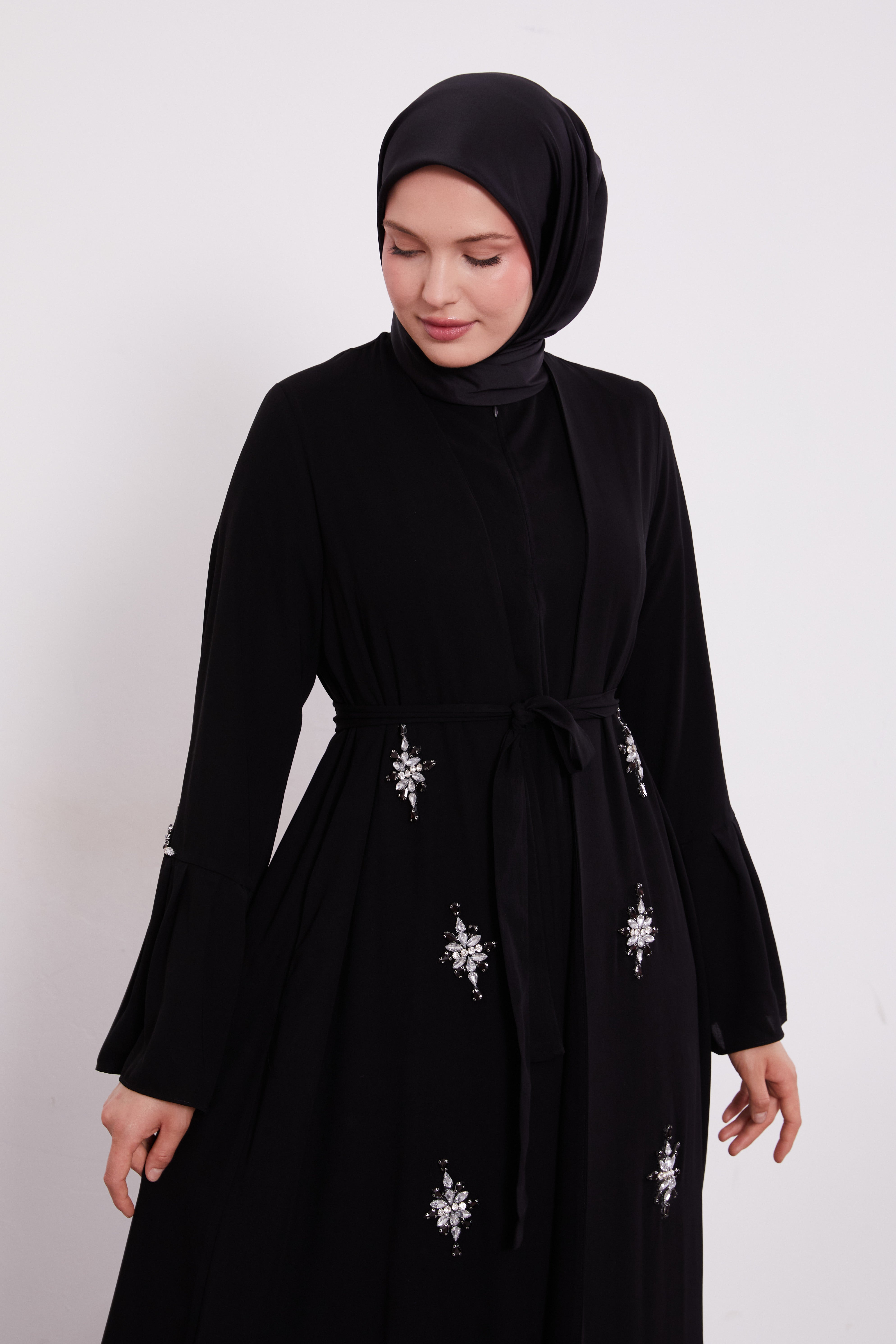 Two Piece Frilled Corsage Diamond Kimono Set Black 520709