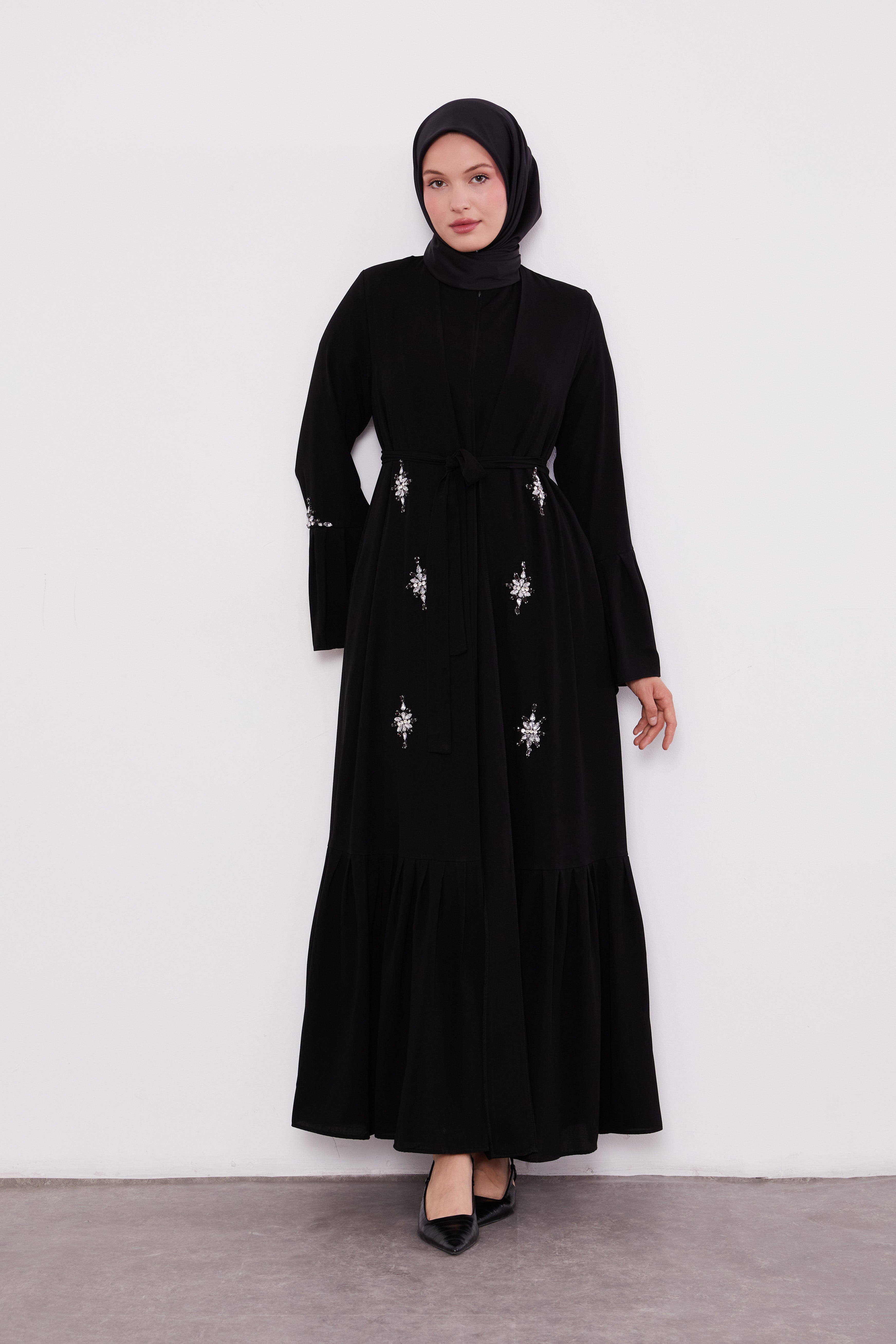 Two Piece Frilled Corsage Diamond Kimono Set Black 520709