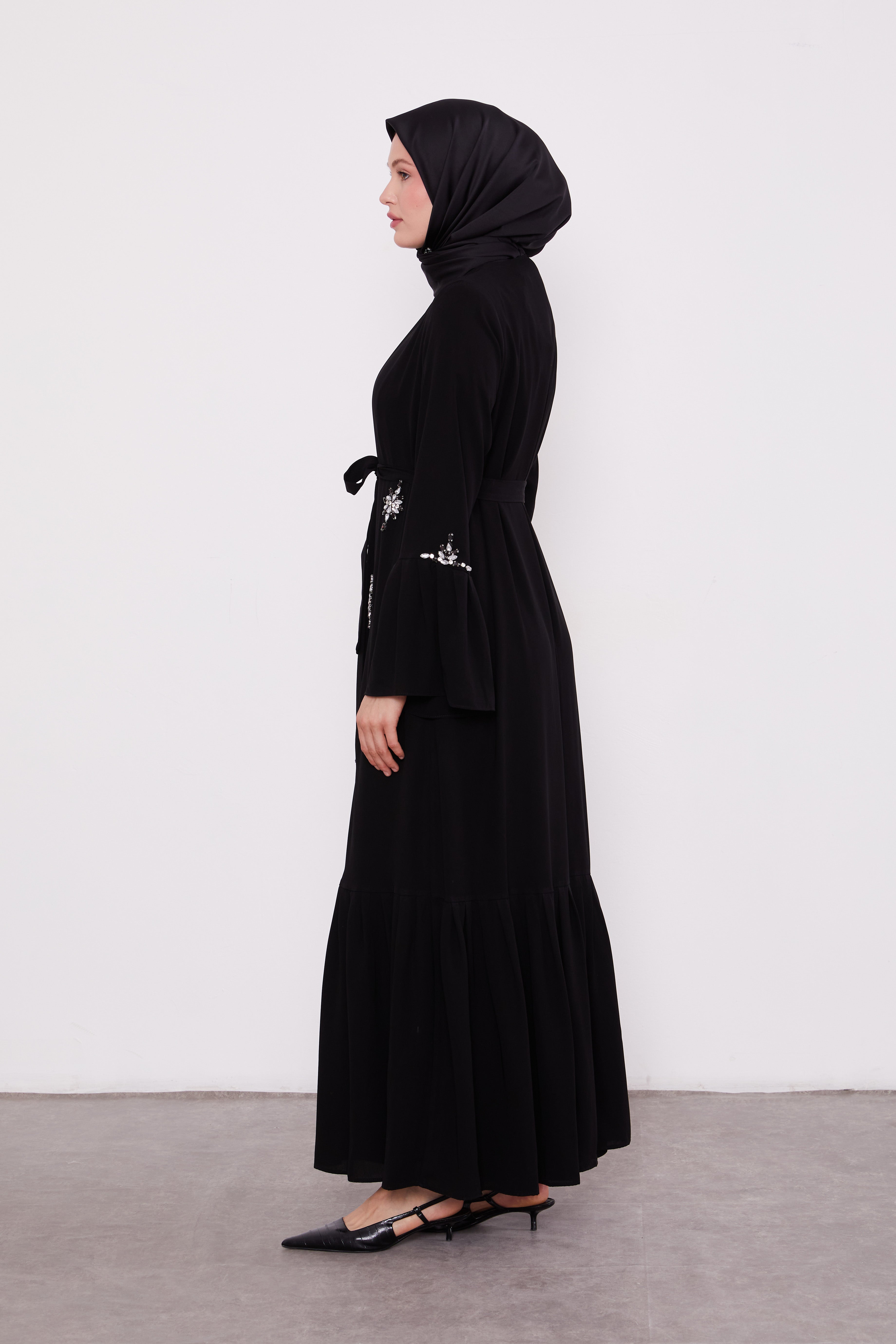 Two Piece Frilled Corsage Diamond Kimono Set Black 520709