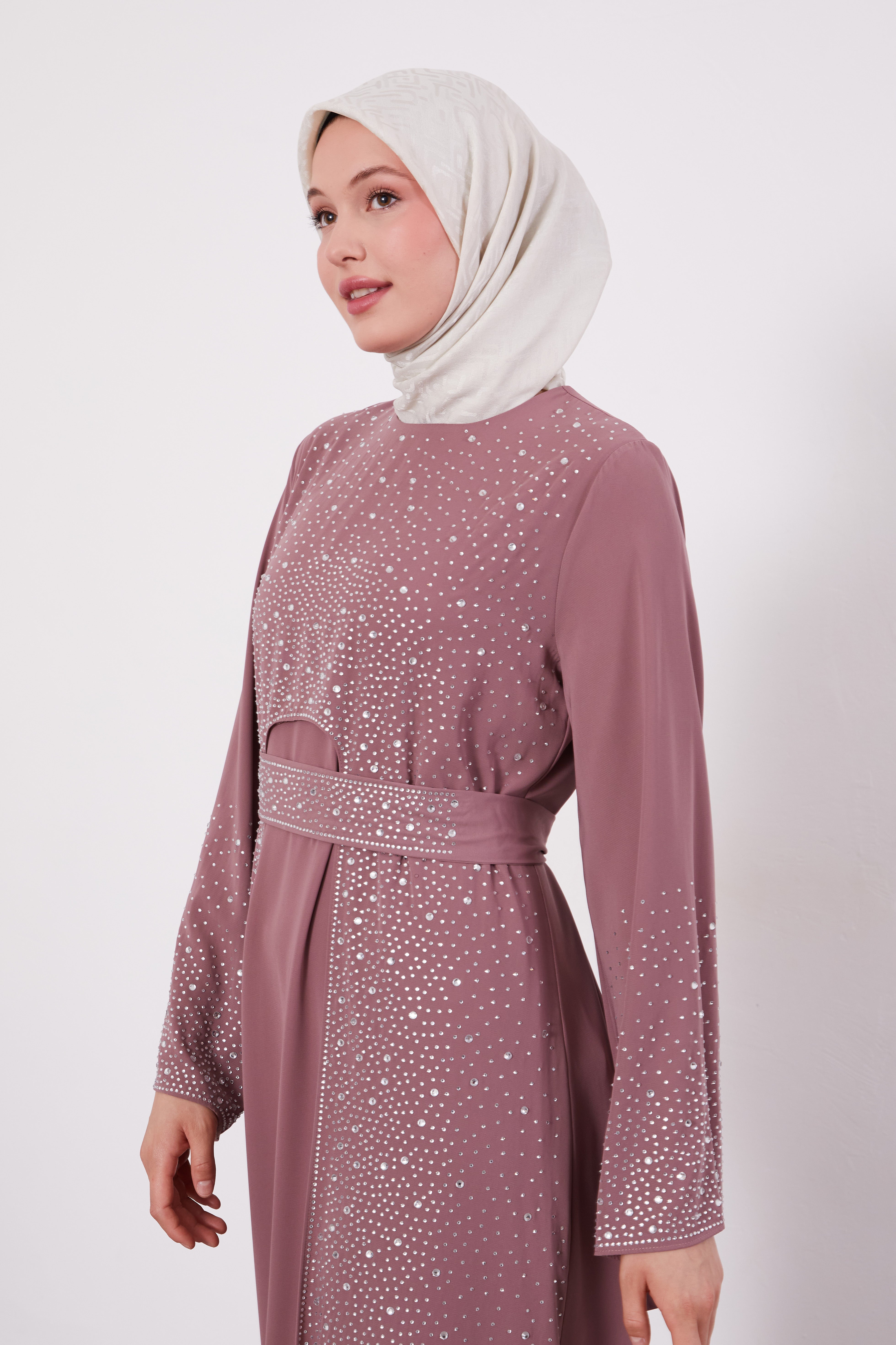 Diamond Beaded 2 Piece Party Abaya Dusty Rose