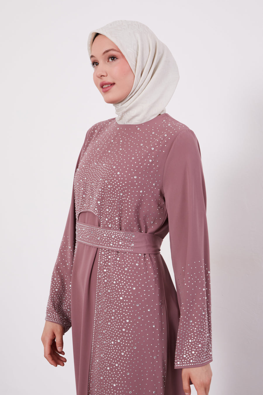 Diamond Beaded 2 Piece Party Abaya Dusty Rose 520703