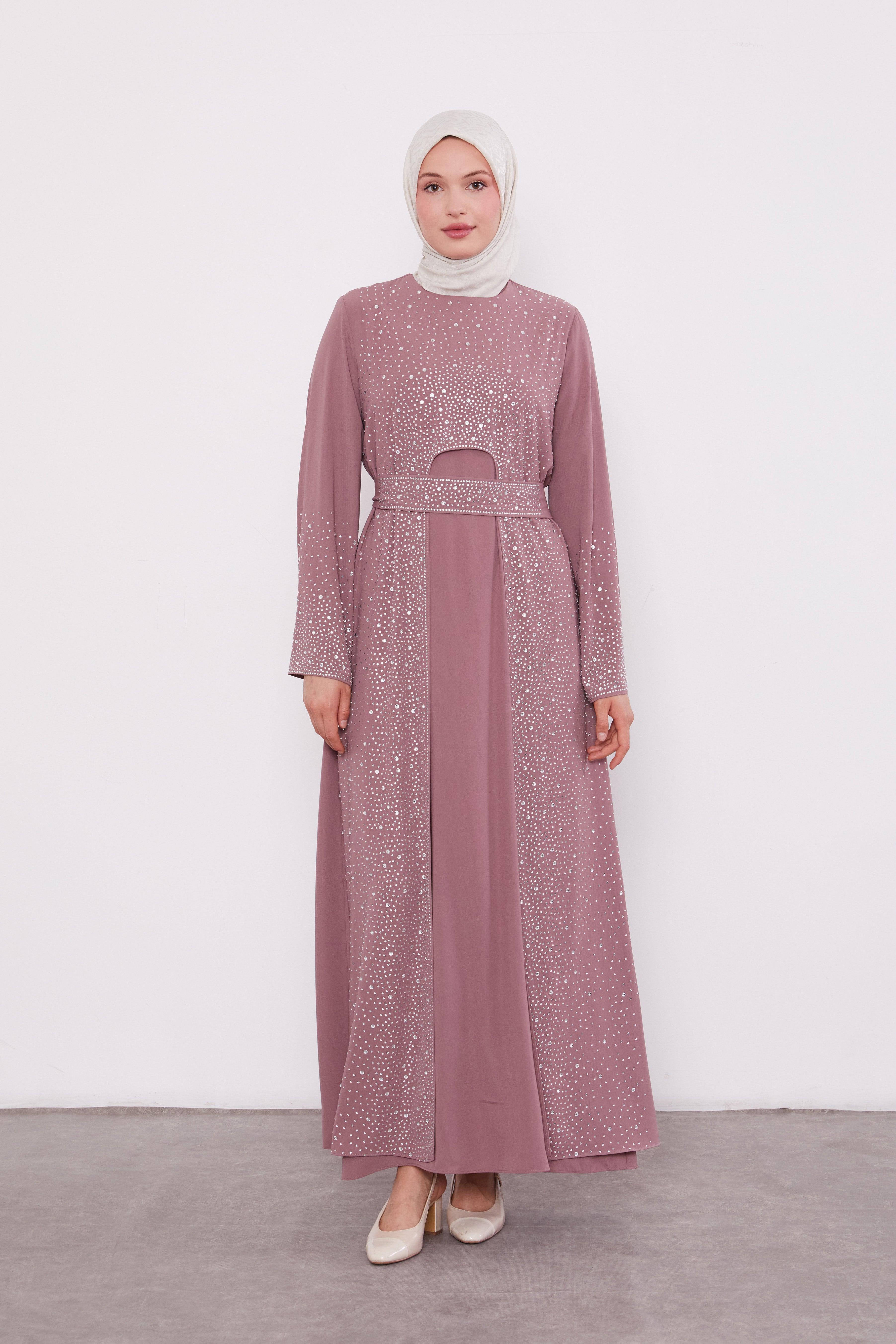 Diamond Beaded 2 Piece Party Abaya Dusty Rose