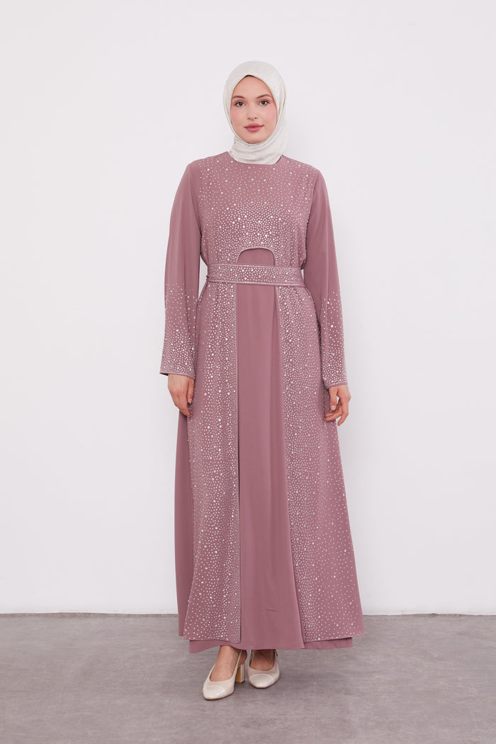 Diamond Beaded 2 Piece Party Abaya Dusty Rose 520703